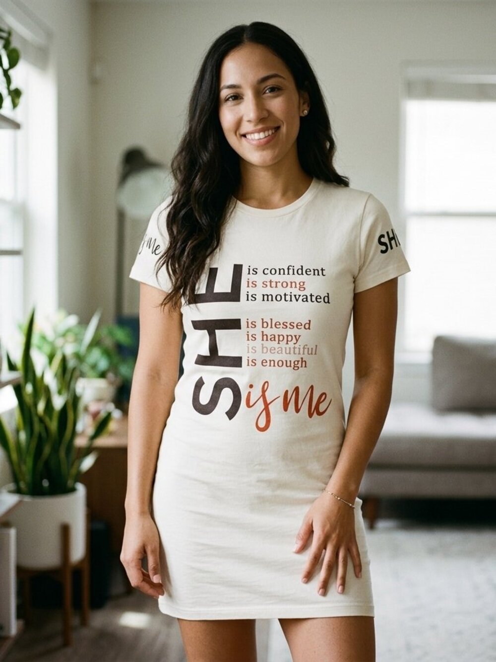 SHE Is Me Empowerment Graphic T-Shirt Dress White L